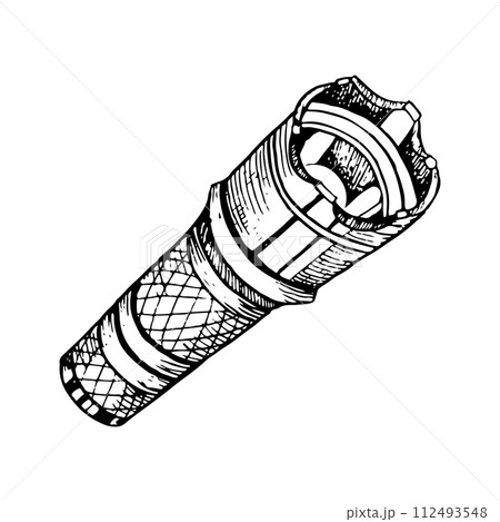 Tactical military flashlight black and white vector illustration. LED electric camping equipment ink sketch 112493548