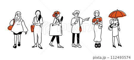 街の人々（線画）　夏、若い女性 112493574