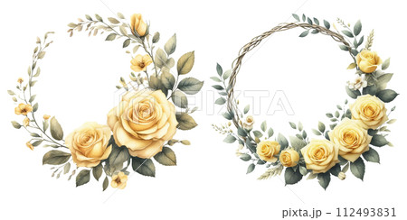 黄色の薔薇のリースの水彩イラストの素材セット 黄色の薔薇のリースの水彩イラストの素材セット 112493831
