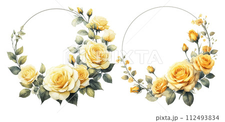 黄色の薔薇のリースの水彩イラストの素材セット 112493834