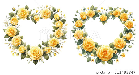 黄色の薔薇のハート型のリースの水彩イラストの素材セット 黄色の薔薇のハート型のリースの水彩イラストの素材セット 112493847