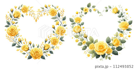 黄色の薔薇のハート型のリースの水彩イラストの素材セット 112493852
