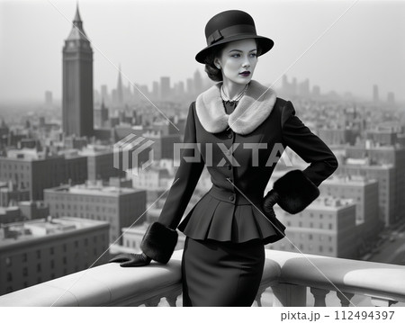 AI生成画像：アメリカの1940年代風ファッションに身を包んだ女性 112494397