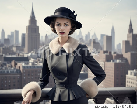 AI生成画像：アメリカの1940年代風ファッションに身を包んだ女性 112494399