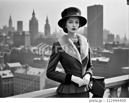 AI生成画像：アメリカの1940年代風ファッションに身を包んだ女性 112494409