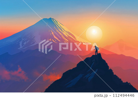 山頂で日の出を待つ登山者 112494446