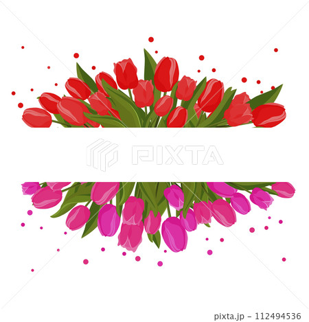 Spring rectangular frame with pink red tulips for text. Vector template with flowers for design Spring rectangular frame with pink red tulips for text. Vector template with flowers for design 112494536
