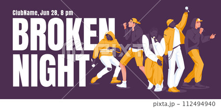 Rap battle advertising banner. Various singers on large fonts and dark background. Night club entertainment. Vector flat illustration 112494940