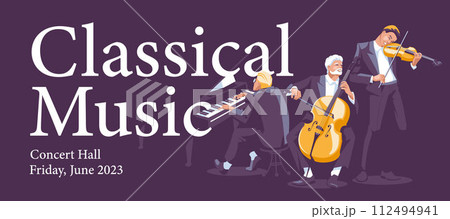 Advertising banner of a classical music concert. Various musicians on large fonts and a dark background. Performance in a night club. Vector flat illustration Advertising banner of a classical music concert. Various musicians on large fonts and a dark background. Performance in a night club. Vector flat illustration 112494941