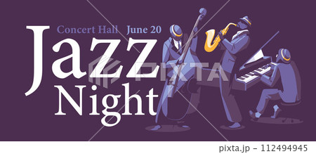 Advertising banner of a concert of jazz music. Musicians on large fonts and a dark background. Performance in a night club. Vector flat illustration Advertising banner of a concert of jazz music. Musicians on large fonts and a dark background. Performance in a night club. Vector flat illustration 112494945