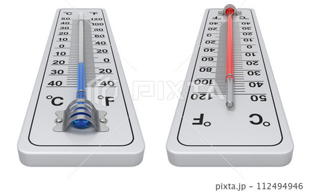 Wall thermometer with extreme temperatures - 3D illustration Wall thermometer with extreme temperatures - 3D illustration 112494946