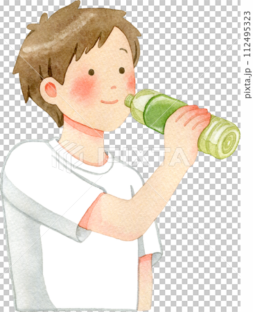 Watercolor illustration of a young man drinking a plastic bottle beverage 112495323