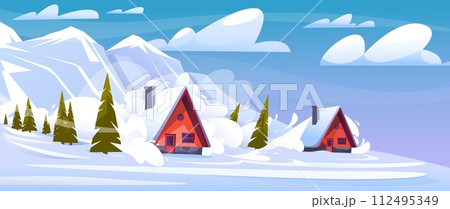 Avalanche on residential settlement. Natural danger disaster. Houses destruction. Elemental calamity. Snow descent from mountains. Winter season catastrophe. Cold landscape. Vector concept Avalanche on residential settlement. Natural danger disaster. Houses destruction. Elemental calamity. Snow descent from mountains. Winter season catastrophe. Cold landscape. Vector concept 112495349