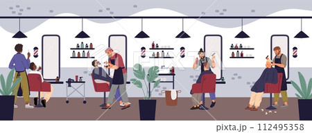Barbershop hipster interior with visitors. Professional hairdressers cut hair and shave moustache. Combed clients on armchairs. Bearded men. Hairstyle beauty salon. Garish vector concept Barbershop hipster interior with visitors. Professional hairdressers cut hair and shave moustache. Combed clients on armchairs. Bearded men. Hairstyle beauty salon. Garish vector concept 112495358