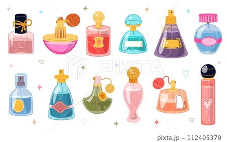 Cartoon perfumery bottles design. Glass toilet water flasks. Fragrant liquid packages. Pleasant smell sprays. Beauty products. Aroma cosmetics. Perfume containers. Recent vector set Cartoon perfumery bottles design. Glass toilet water flasks. Fragrant liquid packages. Pleasant smell sprays. Beauty products. Aroma cosmetics. Perfume containers. Recent vector set 112495379