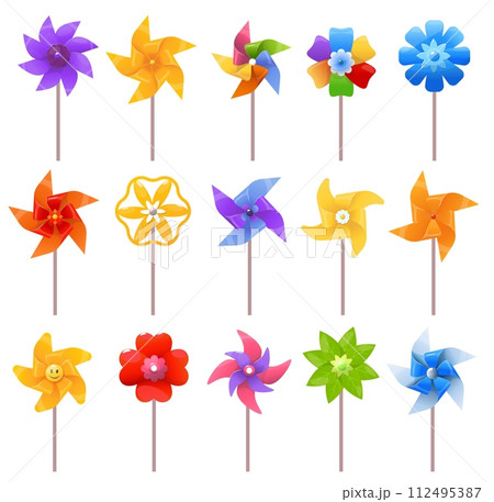 Cartoon pinwheel toys. Colorful spinning windmills made of paper. Kids propellers with different shape blades. Breeze mills. Rotated fans. Quantity vane. Vector plastic ventilators set 112495387
