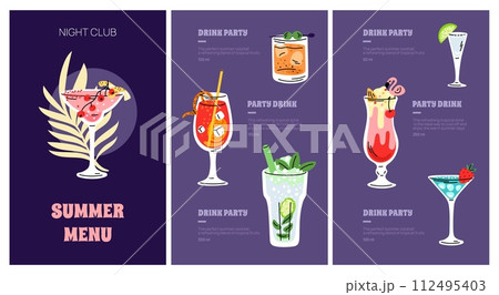 Cocktail menu. Alcohol drinks list with volume and composition. Bar brochure template. Exotic party beverages. Cold mojito. Refreshing pine colada. Margarita glass. Garish vector concept 112495403