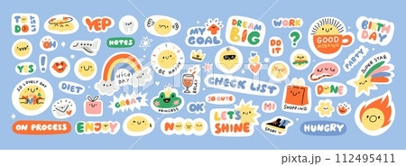 Cute kids diary stickers. Daily planner labels. Journal funny decor. Trendy lettering and design. Organizer to do reminders. Scrapbook icons. Emoticon and rainbow. Garish vector set 112495411