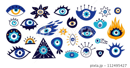 Evil eyes. Turkish or Greek talisman icons. Magical amulets. Hamsa esoteric symbols. Blue color Fatima eyeballs with lashes. Traditional occult souvenir. Fire sight. Garish vector set Evil eyes. Turkish or Greek talisman icons. Magical amulets. Hamsa esoteric symbols. Blue color Fatima eyeballs with lashes. Traditional occult souvenir. Fire sight. Garish vector set 112495427