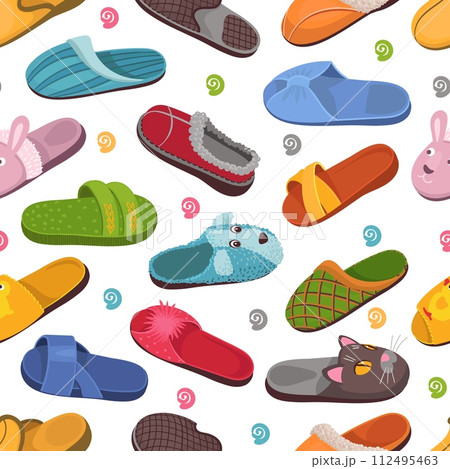 House slippers seamless pattern. Colored cozy shoes. Comfortable footwear. Warm soft flip flops. Funny animal muzzles with fur or feathers. Domestic clothing. Splendid vector background House slippers seamless pattern. Colored cozy shoes. Comfortable footwear. Warm soft flip flops. Funny animal muzzles with fur or feathers. Domestic clothing. Splendid vector background 112495463