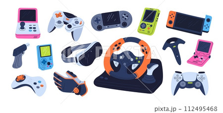 Remote control gadgets. Retro video game devices. Gamer digital accessory. Gaming consoles and joysticks. Computer technology. Cybersport player elements. Garish vector gamepads set 112495468