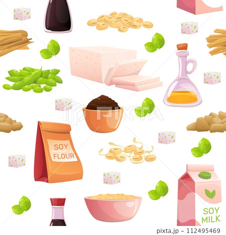 Soybean products seamless pattern. Vegetable source of protein. Repeated vegetarian food. Soy milk and tofu. Soya sauce. Seed oil bottle. Legume flour. Healthy nutrition. Vector background 112495469