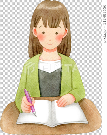 Watercolor illustration of a girl (junior high school student/high school student) studying 112495556