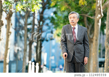 シニア男性　スーツ　杖 112495559