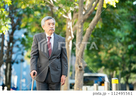 シニア男性　スーツ　杖 112495561