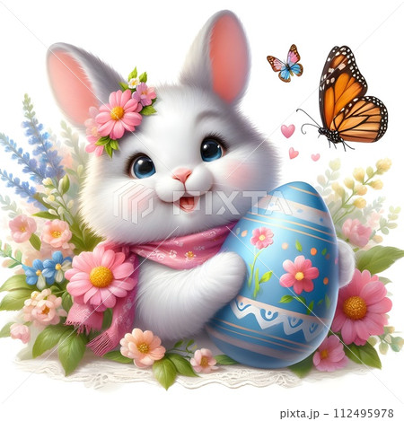 smiling broadly and holding a colore  Easter holiday, a painted egg and a cheerful little rabbit, brightly colorful decoration with flowers and butterflies. Generative AI 112495978