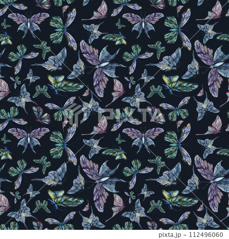 Hand drawn watercolor illustration butterfly fairy wings gem crystal insect moth. Amethyst emerald fluorite moonstone. Seamless pattern isolated dark background. Design print, shop, wedding, package 112496060