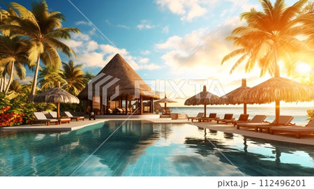 リゾート地のコテージのプール、南国への観光旅行 リゾート地のコテージのプール、南国への観光旅行 112496201