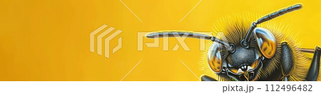 AI-generated content. Super macro detail to a bee isolated on the bright yellow background 112496482