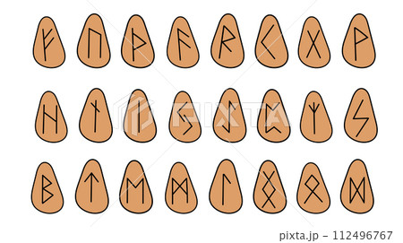 Set of runes. Collection of hand drawn doodle of runic old Norse Scandinavia symbols on stone. Vector flat illustration of Celtic glyphs. Icons for website, book, game design. Set of runes. Collection of hand drawn doodle of runic old Norse Scandinavia symbols on stone. Vector flat illustration of Celtic glyphs. Icons for website, book, game design. 112496767