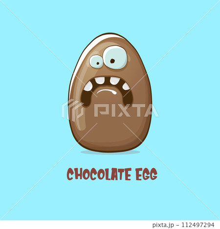Cartoon chocolate easter egg cartoon characters isolated on blue background. My name is egg vector concept illustration. funky sweet chocolate easter egg character with eyes and mouth Cartoon chocolate easter egg cartoon characters isolated on blue background. My name is egg vector concept illustration. funky sweet chocolate easter egg character with eyes and mouth 112497294
