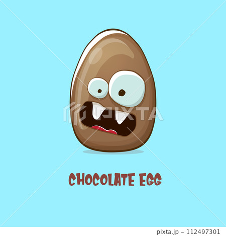 Cartoon chocolate easter egg cartoon characters isolated on blue background. My name is egg vector concept illustration. funky sweet chocolate easter egg character with eyes and mouth 112497301