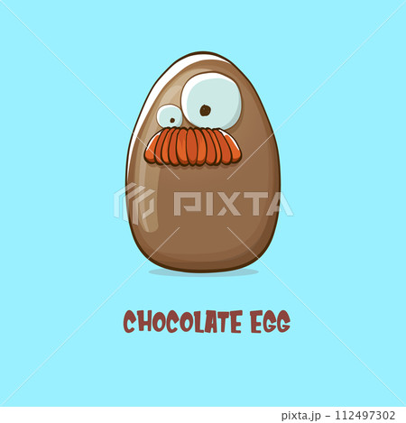 Cartoon chocolate easter egg cartoon characters isolated on blue background. My name is egg vector concept illustration. funky sweet chocolate easter egg character with eyes and mouth 112497302