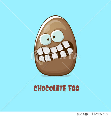 Cartoon chocolate easter egg cartoon characters isolated on blue background. My name is egg vector concept illustration. funky sweet chocolate easter egg character with eyes and mouth 112497309