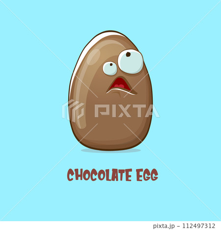 Cartoon chocolate easter egg cartoon characters isolated on blue background. My name is egg vector concept illustration. funky sweet chocolate easter egg character with eyes and mouth Cartoon chocolate easter egg cartoon characters isolated on blue background. My name is egg vector concept illustration. funky sweet chocolate easter egg character with eyes and mouth 112497312