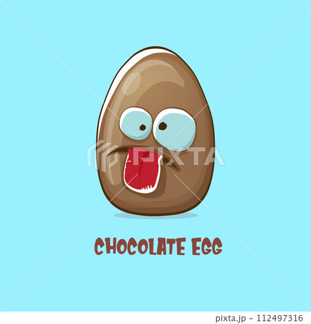 Cartoon chocolate easter egg cartoon characters isolated on blue background. My name is egg vector concept illustration. funky sweet chocolate easter egg character with eyes and mouth 112497316