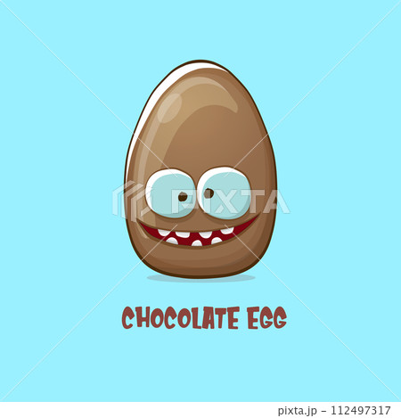 Cartoon chocolate easter egg cartoon characters isolated on blue background. My name is egg vector concept illustration. funky sweet chocolate easter egg character with eyes and mouth 112497317