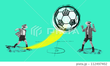 Contemporary art collage. Two boys, students in retro clothes in VR headsets playing football with drawn ball flying in motion. Abstract design. Contemporary art collage. Two boys, students in retro clothes in VR headsets playing football with drawn ball flying in motion. Abstract design. 112497402