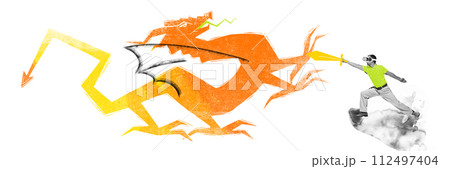 Banner. Contemporary art collage. Young man in headset holds drawn sword frightening with painted dragon. Abstract design. 112497404