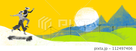 Banner. Contemporary art collage. Young people, man and woman, in virtual glasses running to mountains, nature. Abstract design. 112497406