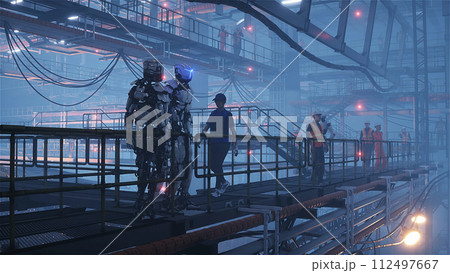 Production of military futuristic ship at the factory. People and robots Future concept. 3d rendering. Production of military futuristic ship at the factory. People and robots Future concept. 3d rendering. 112497667