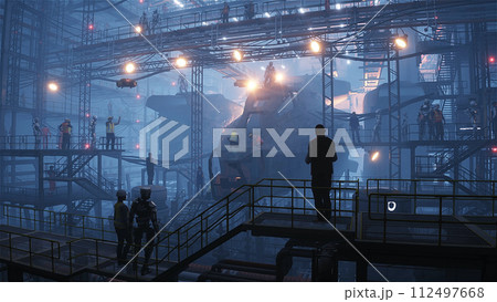 Production of military futuristic ship at the factory. People and robots Future concept. 3d rendering. 112497668