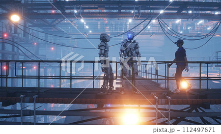 Production of military futuristic ship at the factory. People and robots Future concept. 3d rendering. Production of military futuristic ship at the factory. People and robots Future concept. 3d rendering. 112497671