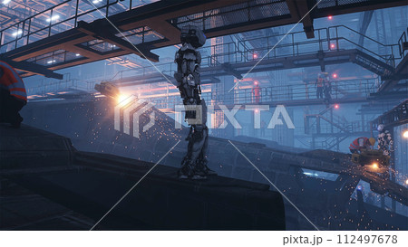 Production of military futuristic ship at the factory. People and robots Future concept. 3d rendering. 112497678