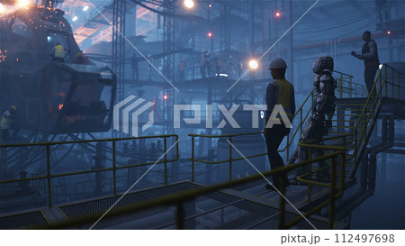 Production of military futuristic ship at the factory. People and robots Future concept. 3d rendering. Production of military futuristic ship at the factory. People and robots Future concept. 3d rendering. 112497698