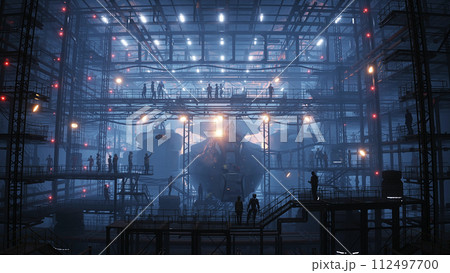 Production of military futuristic ship at the factory. People and robots Future concept. 3d rendering. 112497700